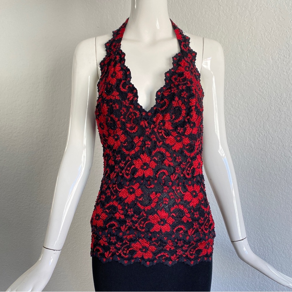 Cache red black lace top